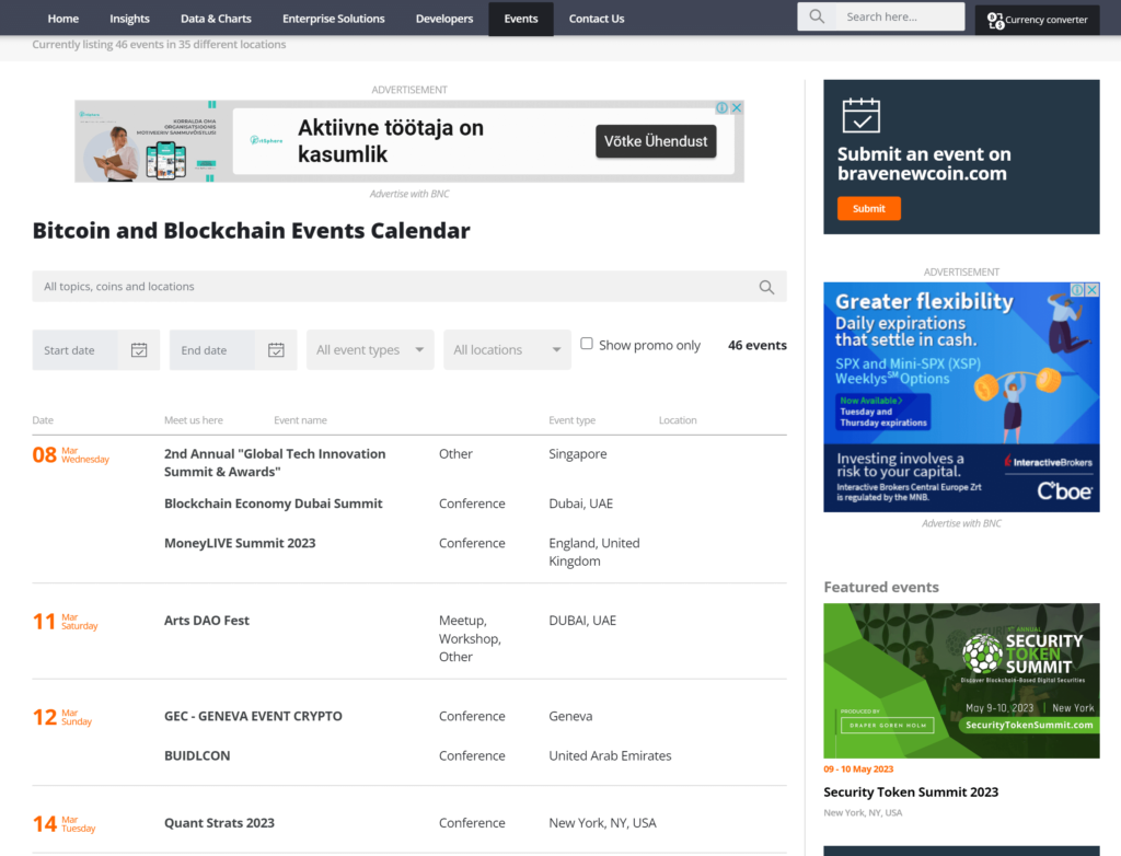 Bravenewcoin events calendar interface