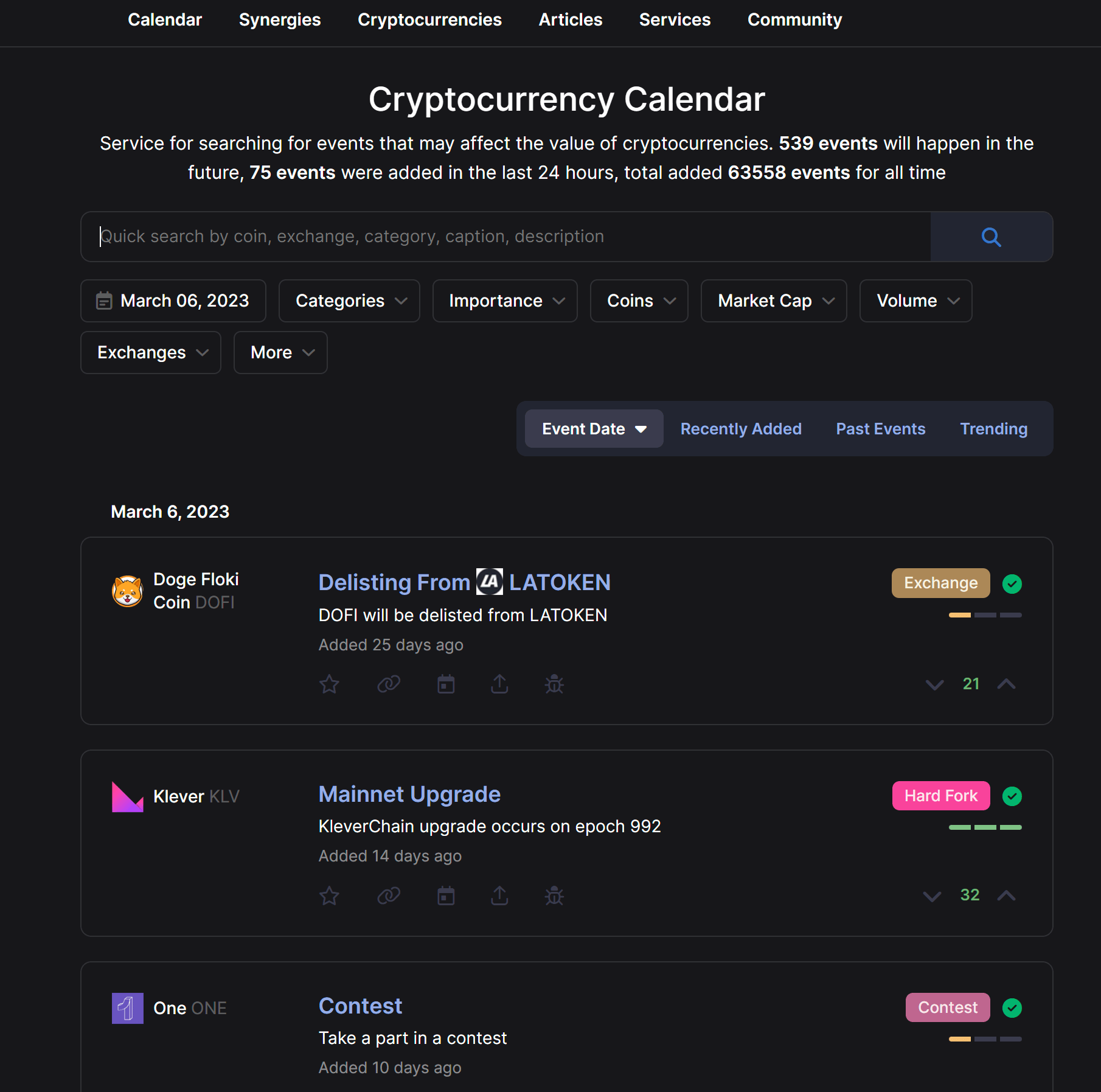 Coindar user interface and features