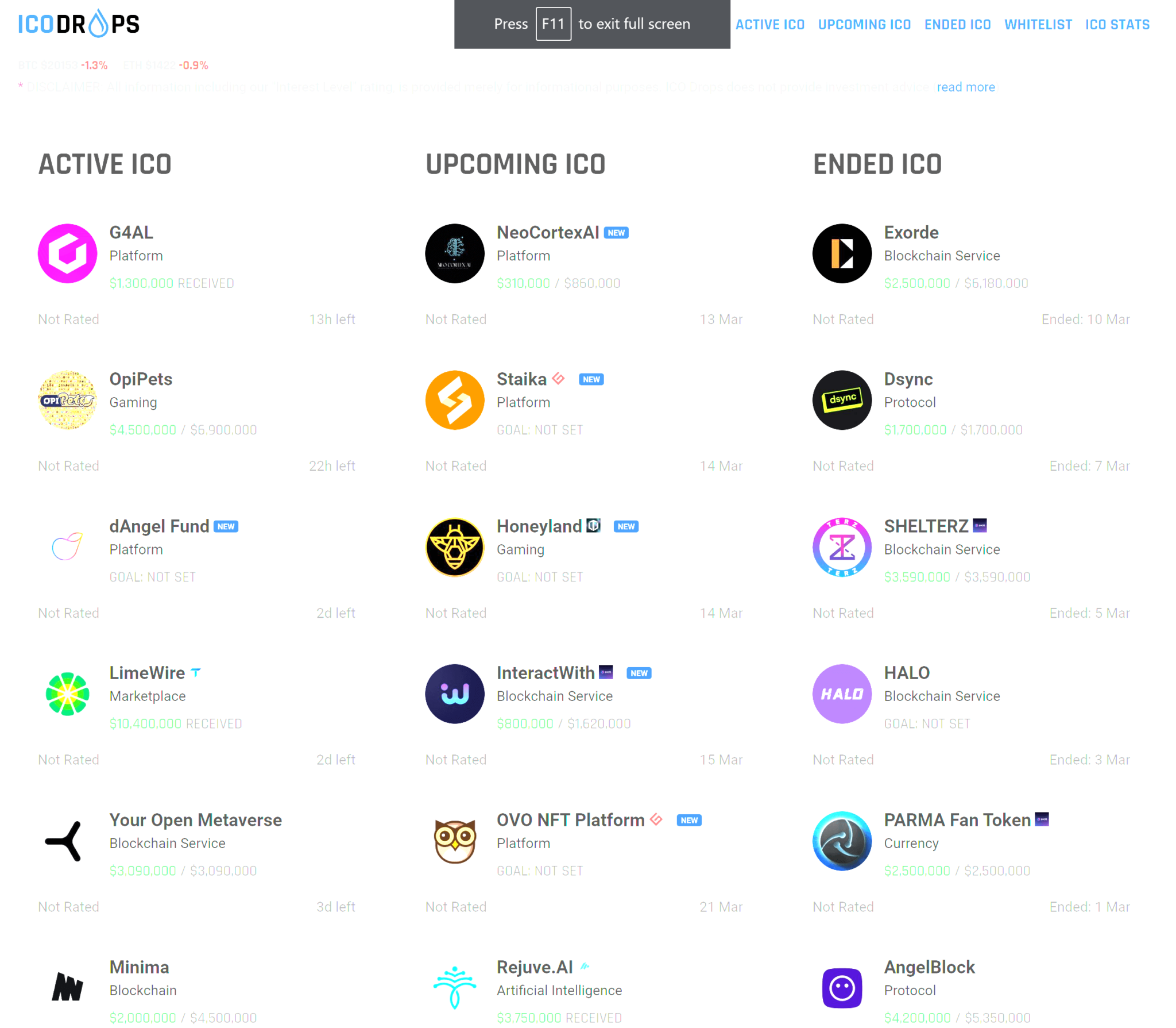 ICOdrops interface