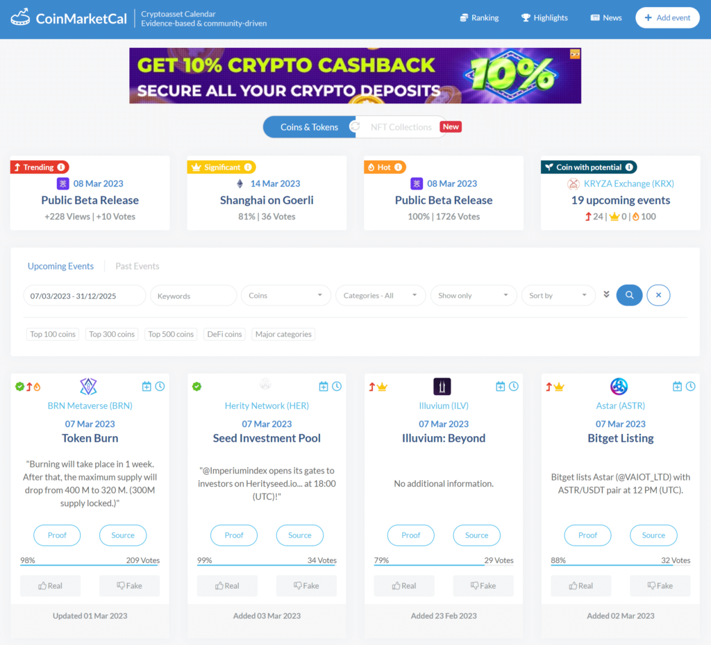 Coinmarketcal crypto calendar interface