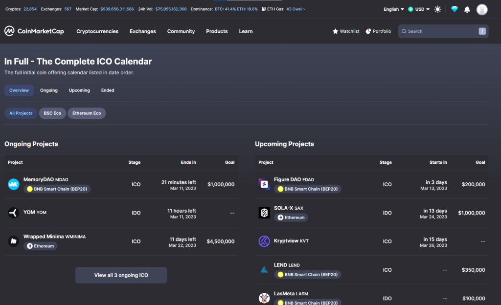 Coinmarketcap ICO calendar interface