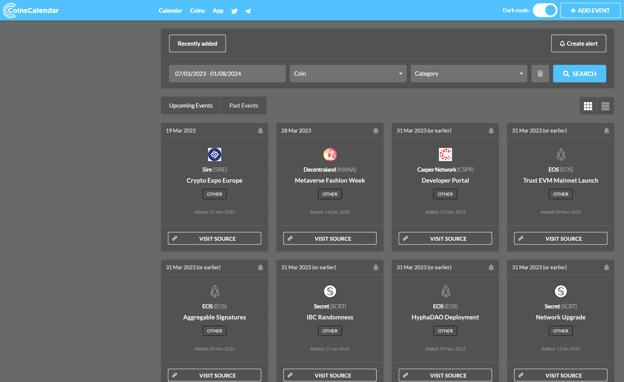 Coinscalendar user interface